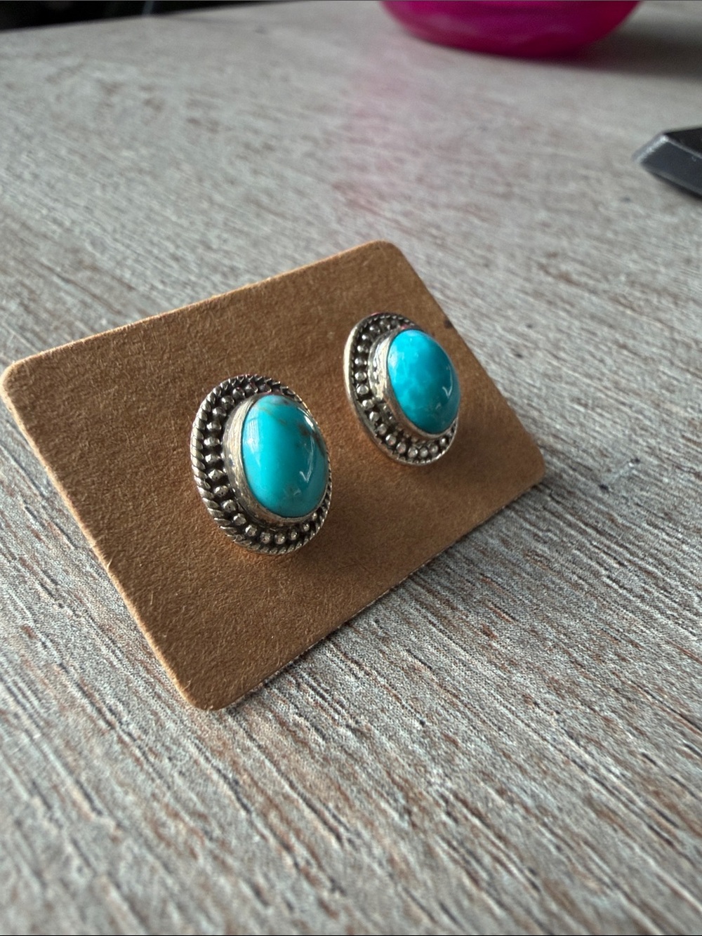 Turquoise Oval Stone Silver-Trim Stud Earrings - Women Jewelry - Picture 3 of 4